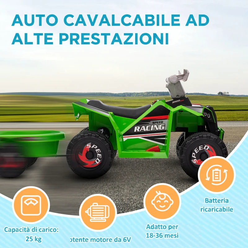 HOMCOM Quad Elettrico per Bambini con Rimorchio, Pedale, Marce Avanti e Indietro, 2.5 km/h, per 18-36 Mesi, Verde