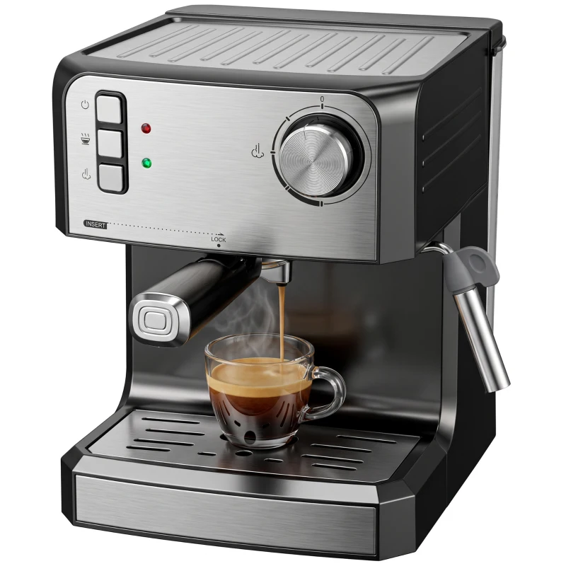 HOMCOM Mașină de espresso, mașină 20 bar cu duză pentru spumă de lapte, rezervor 1,6 L, Negru