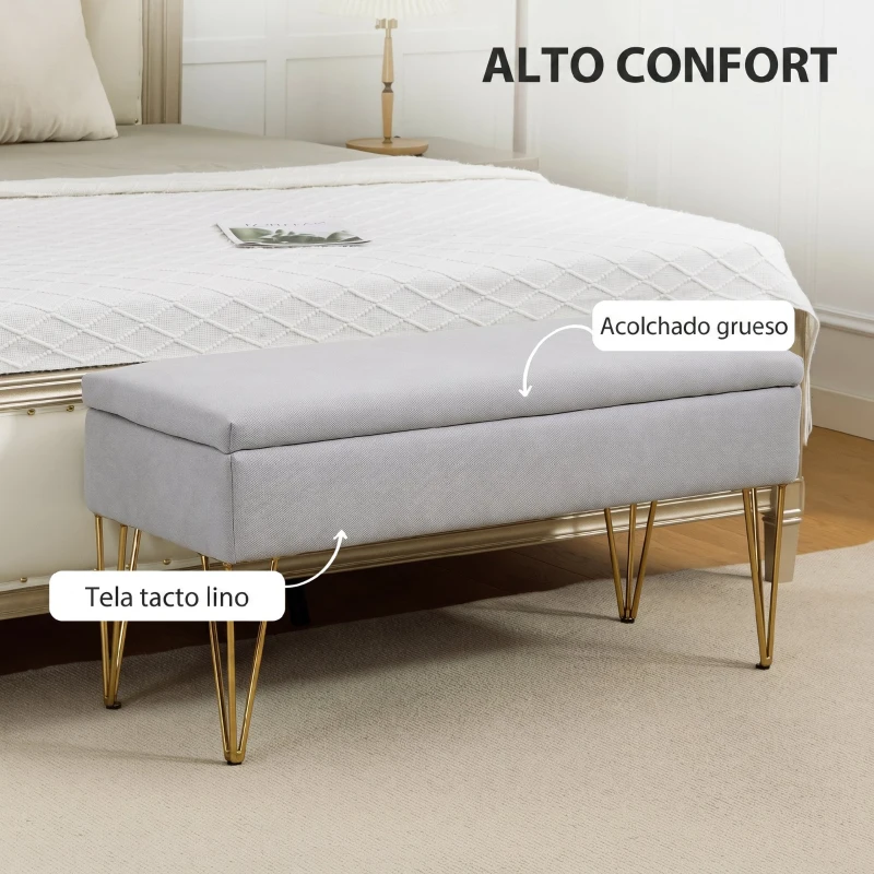 HOMCOM Banco Pie de Cama Tapizado en Lino Sintético con Patas de Acero y Asiento Acolchado Gris Claro