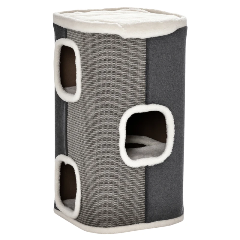 PawHut Tonneau à Gratter pour Chat 3 Niveaux en Peluche et Sisal, 3 Zones, 2 Grands Trous Interconnectés, 40x40x74cm, Gris