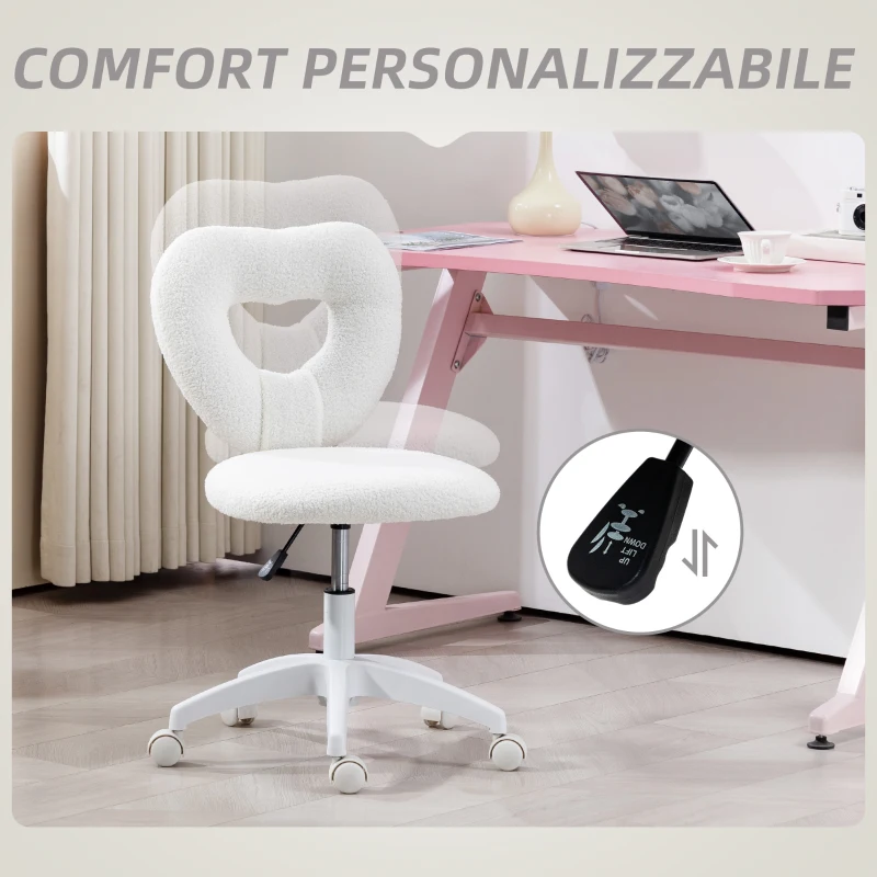 HOMCOM Sedia da Ufficio Imbottita con Schienale a Cuore e Rotelle, in Velluto Teddy e Plastica, 45x56x78-88 cm, Bianco