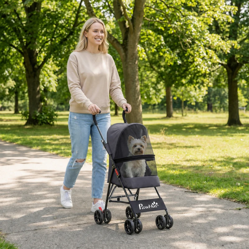 PawHut Dog Stroller, Foldable Cat Dog Pram for Miniature Breeds, Pet Stroller with Brake, Mesh Windows, Dark Grey