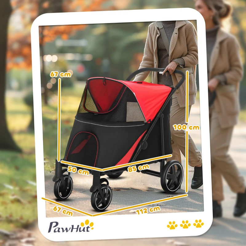 PawHut Carrinho para Cães Dobrável com Janelas de Malha Cinto de Segurança e Bolsos de Armazenamento 112x65x100 cm Vermelho