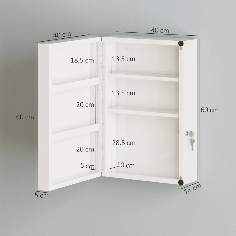HOMCOM Botiquín de Pared con 6 Compartimentos Cerradura y 2 Llaves para Baño Cocina 40x18x60 cm Blanco