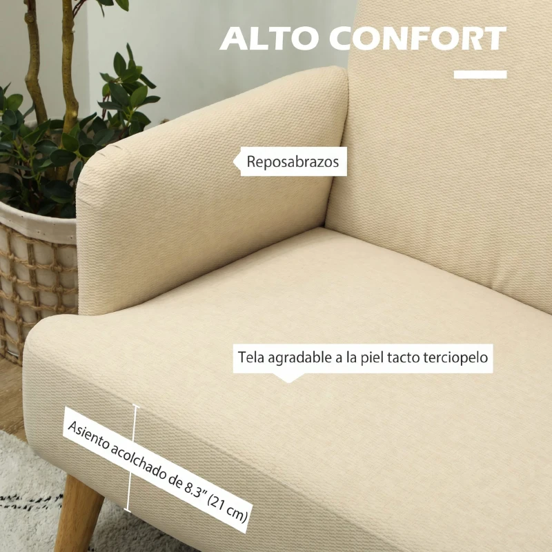 HOMCOM Sofá de 2 Plazas de 140 cm Tapizado en Terciopelo Patas de Madera de Caucho para Sala de Estar Blanco