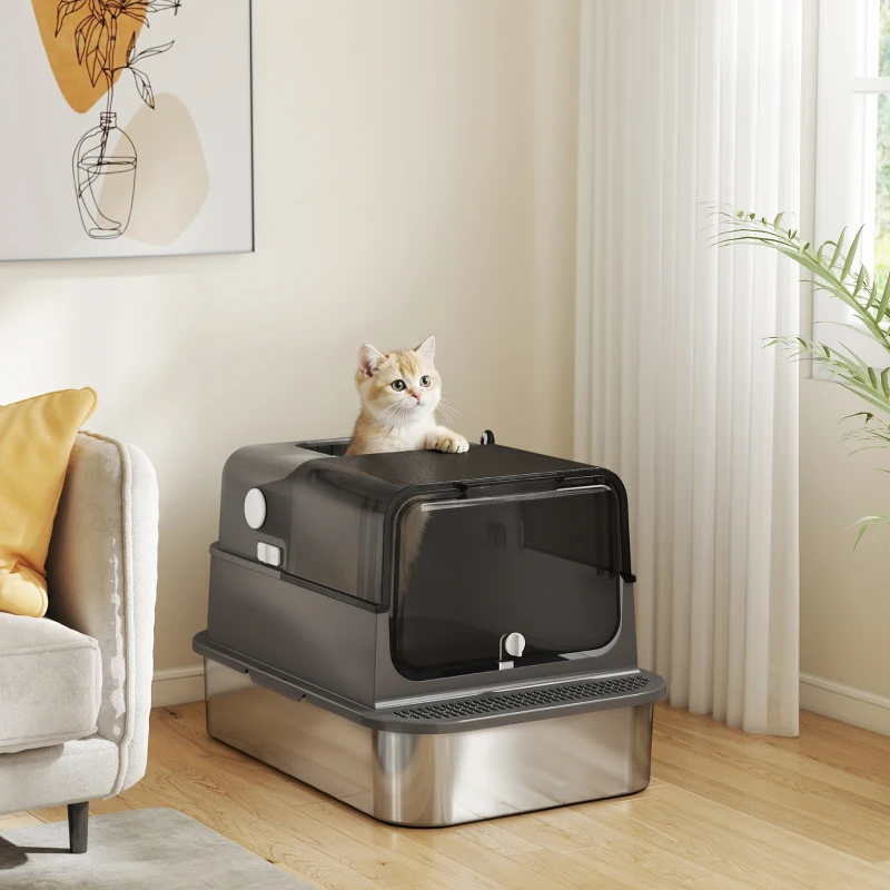 PawHut Katzenklo Edelstahl mit Deckel XXL 72L für große Katzen und Mehrere Katzen mit Doppeltüren Schaufel Pedal Anti-Leck
