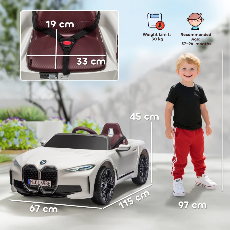 HOMCOM Mașină Electrică pentru Copii 3-6 Ani cu Licență BMW, cu Telecomandă, Claxon și Faruri, 115x67x45 cm, Albă(m-3)