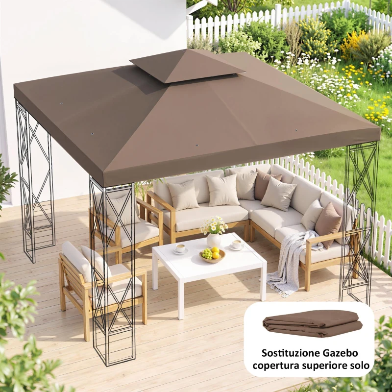 Outsunny Tetto di Ricambio per Gazebo 3x3m a 2 Livelli e Resistente ai Raggi UV, Caffè