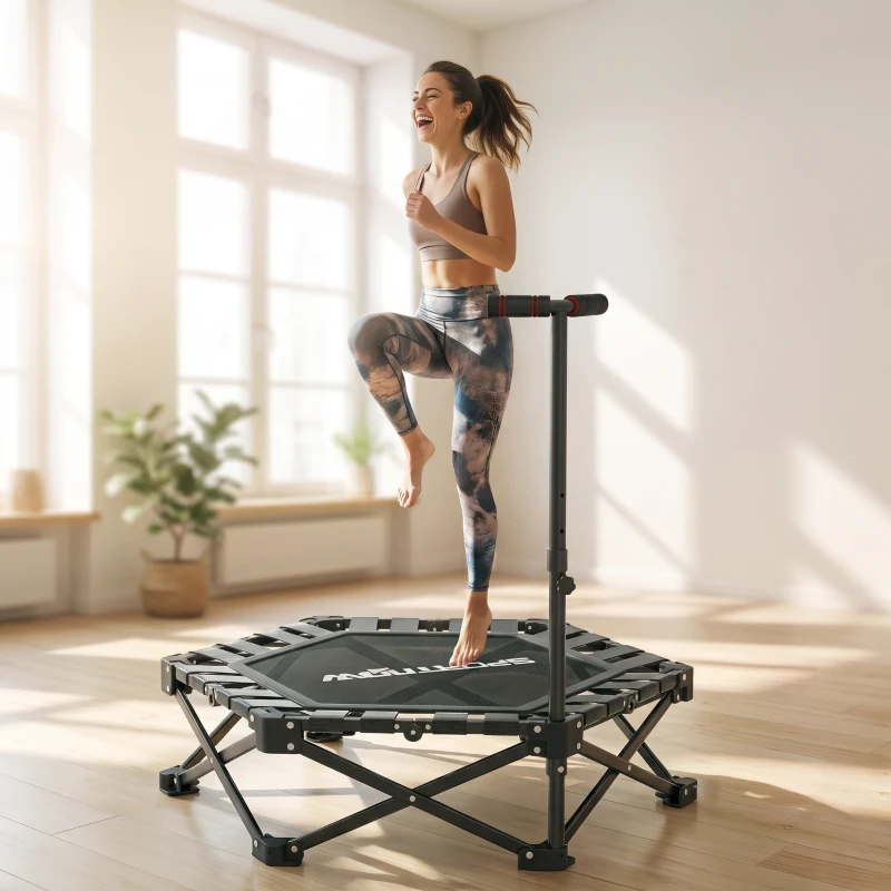 SPORTNOW 42" Foldable Mini Trampoline, One-Step Fold & Open, Rebounder Trampoline with 3-Level Adjustable Handle for Adults