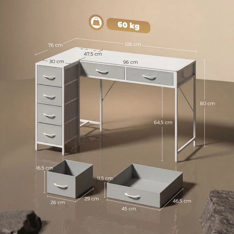 HOMCOM Escritorio Esquinero Reversible con 6 Cajones 126x48 cm con Toma de Corriente Puerto de Carga USB y USB-C Blanco