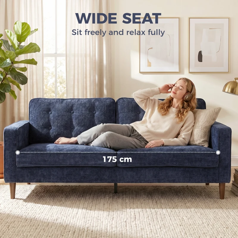 HOMCOM 3 Seater Sofa Button Tufted Upholstered Couch with Wood Legs for Living Room, Dark Blue