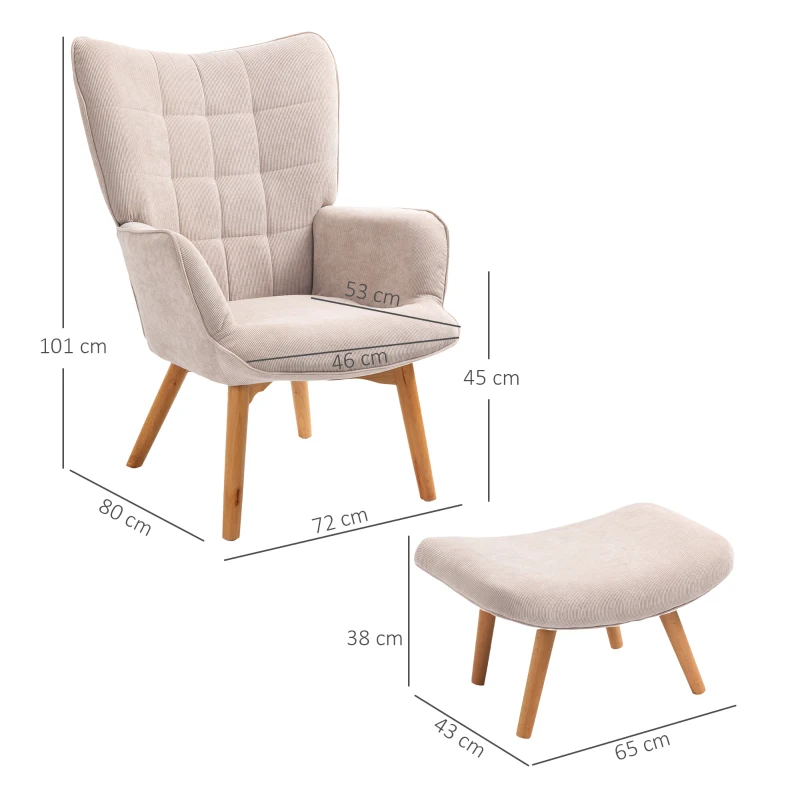 HOMCOM Fauteuil avec repose pied, dossier haut, pieds en bois et tissu aspect velours côtelé, pour salon chambre à coucher beige(m-3)