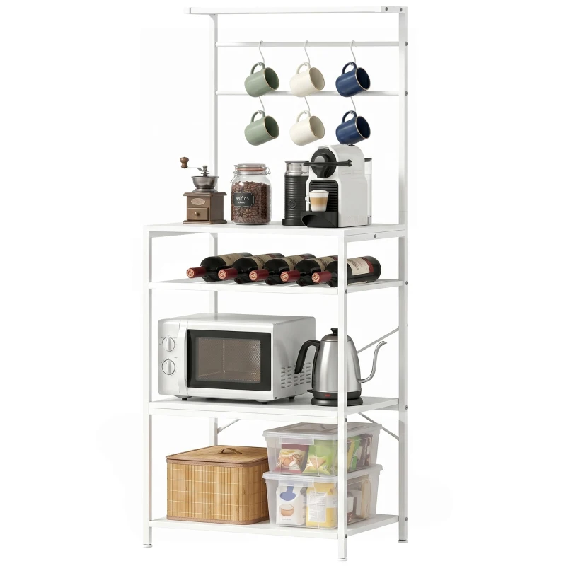 HOMCOM Freestanding Shelving Unit, Industrial Storage Shelf with 6 Hooks and Wine Rack for Living Room, Home Office, White
