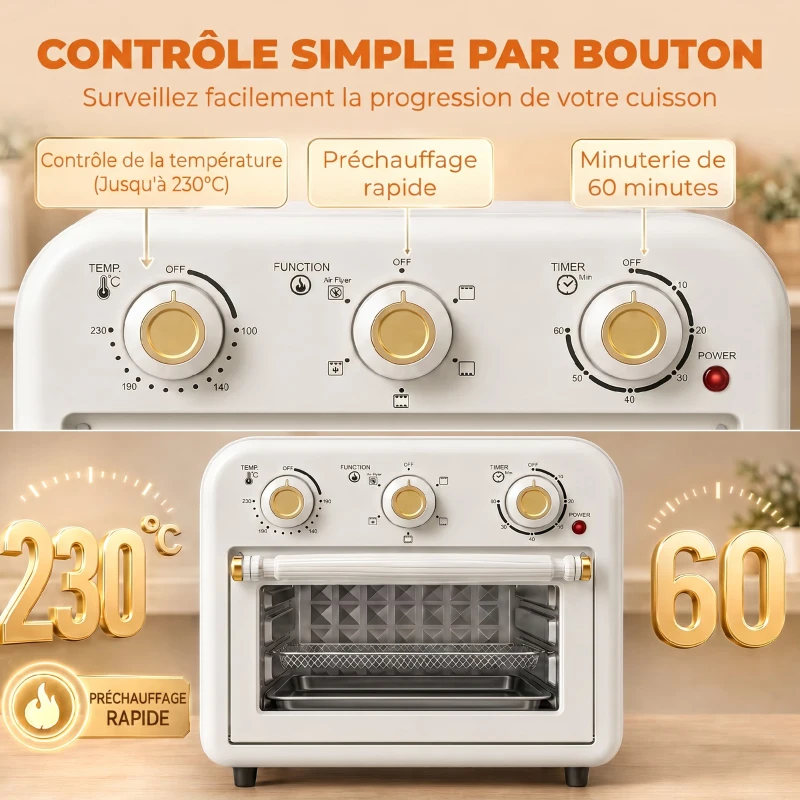 HOMCOM Four Friteuse à Air Chaud 12L, Four à Air Chaud Convection 1200 W avec Plaque de Cuisson, Panier de Friture, Crème