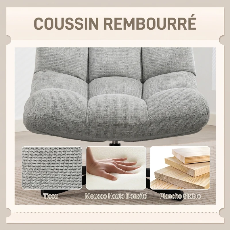 HOMCOM Fauteuil salon sans accoudoirs, chaise pivotante en tissu chenille imperméable, assise large, 75 x 95 x 90 cm gris clair