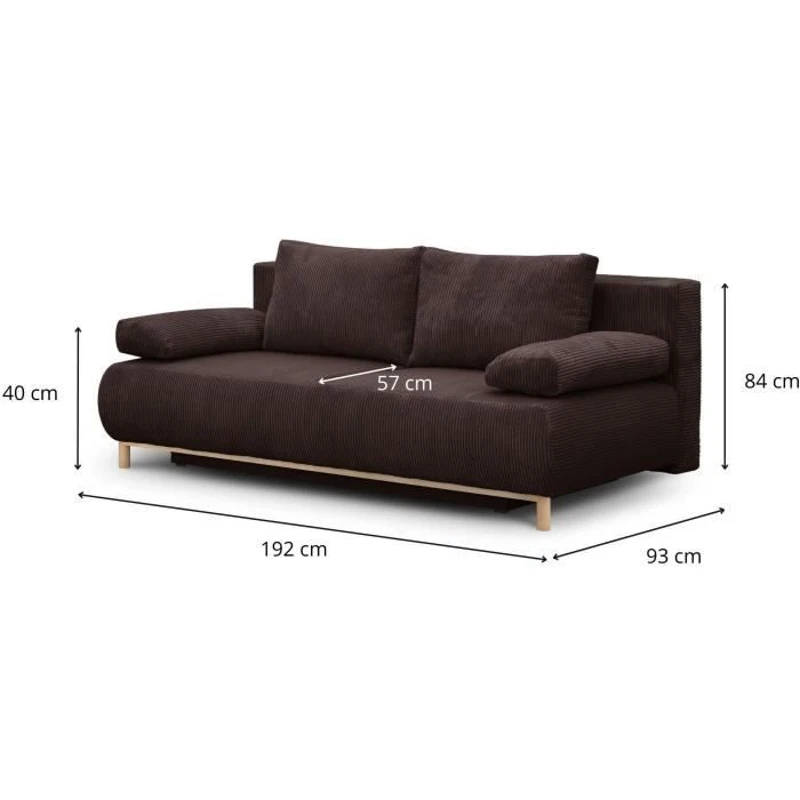Canapé convertible - 3 places - MIKA - Velours côtelé marron foncé - Coffre de rangement - L 192 x H 84 x P 93 cm