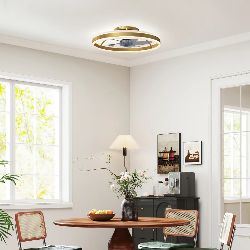 HOMCOM Ceiling Fan with Light and Remote, LED Mount Ceiling Fan with 3 Colour Temperatures, 6 Speed, 50 cm, Gold Tone