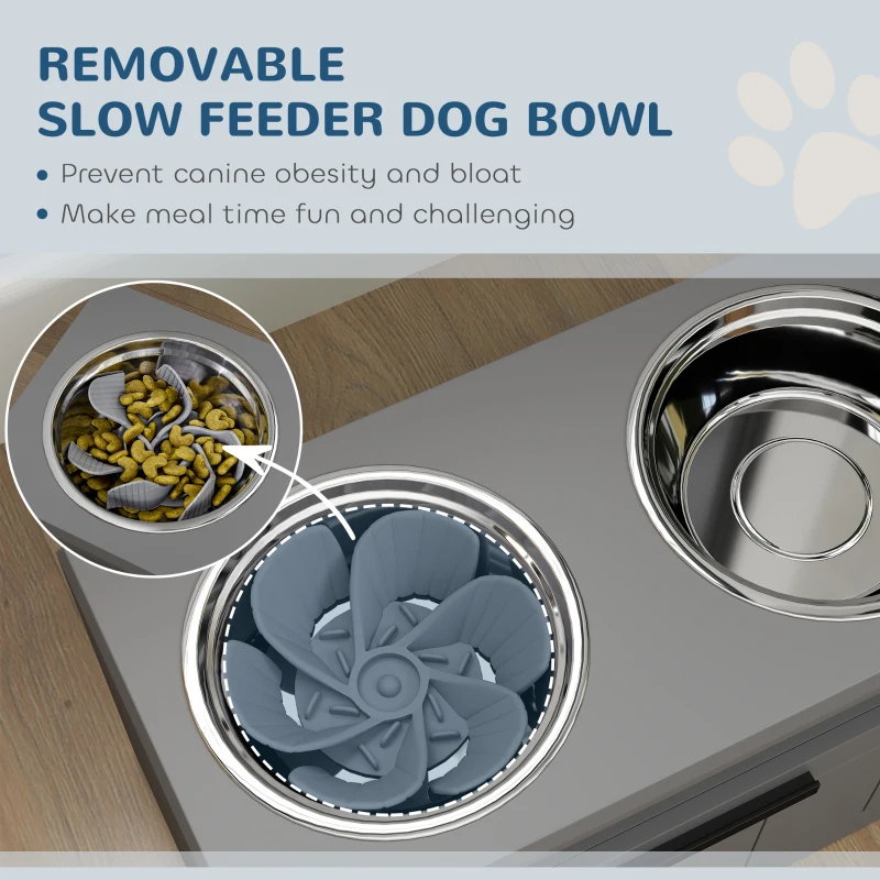 PawHut Raised Dog Bowl with Slow Feeder, Two Stainless Steel Dog Bowls, Drawer, for Large and Extra Large Dogs, Grey
