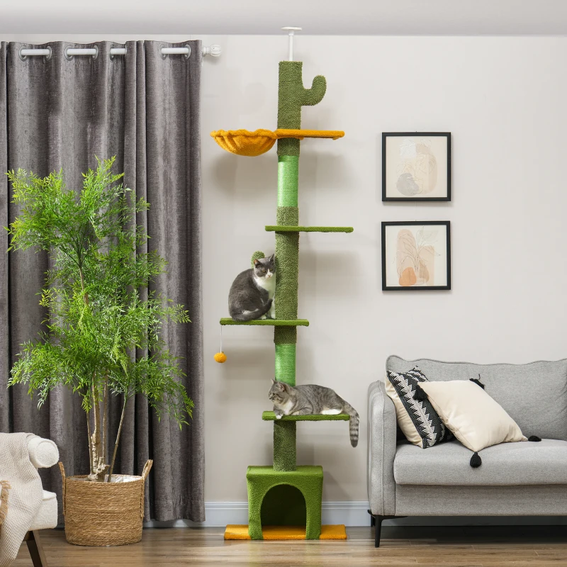 PawHut Arbre à chat, hauteur 275cm, 6 niveaux pour chat d'intérieur, du sol au plafond, avec plate-formes, niche, hamac, vert