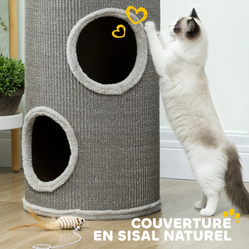PawHut Tonneau à Gratter pour Chat, Tour à Griffer, Arbre à Chat à 2 Couches en Sisal Naturel, Ø35x60cm, Gris Clair