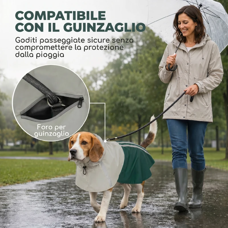 PawHut Impermeabile per Cani con Cappuccio, Foro per Guinzaglio e Strisce Riflettenti, per Cani di Taglia Media, Verde