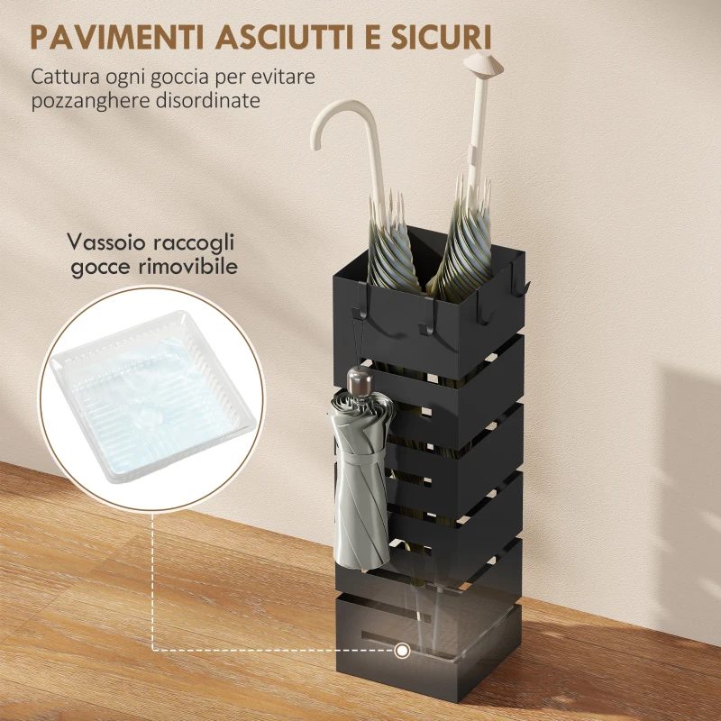 HOMCOM Portaombrelli in Metallo da Interno con 4 Ganci, Vaschetta Scolapioggia Rimovibile, per 8 Ombrelli, Nero