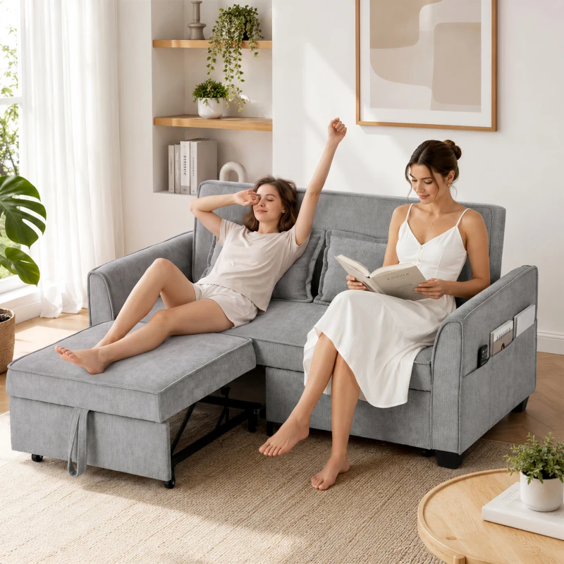 HOMCOM 2 Seater Sofa Bed, 4-in-1 L-Shaped Convertible Pull-Out Sleeper Sofa with Adjustable Backrest and Side Pockets, Grey