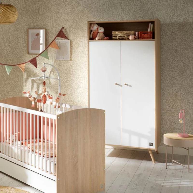 Chambre bébé trio - Lit 120 x 60 cm + Commode 3 tiroirs + Armoire 2 portes - Access - Bois/Blanc - SAUTHON