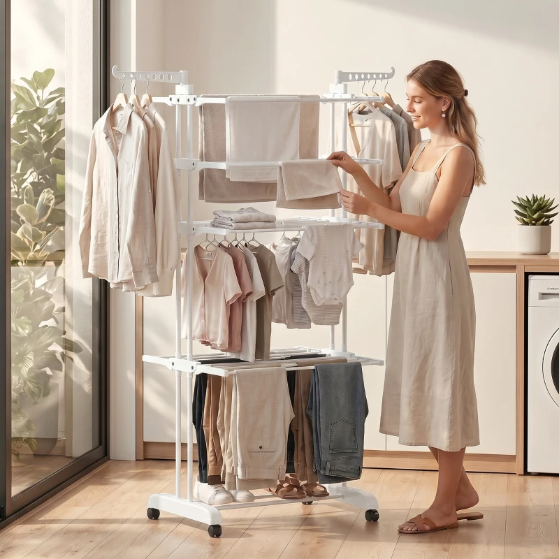 HOMCOM Séchoir à linge pliable 4 niveaux avec roulettes, étendoir linge intérieur avec ailes latérales, cadre en acier, blanc