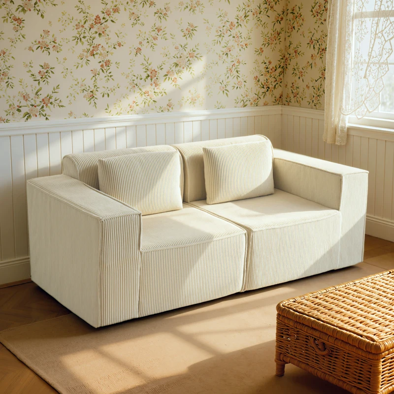 HOMCOM Canapé 3 places en velours côtelé, canapé rembourré, larges accoudoirs, 2 coussins, pas de montage, 202x90x76cm, beige