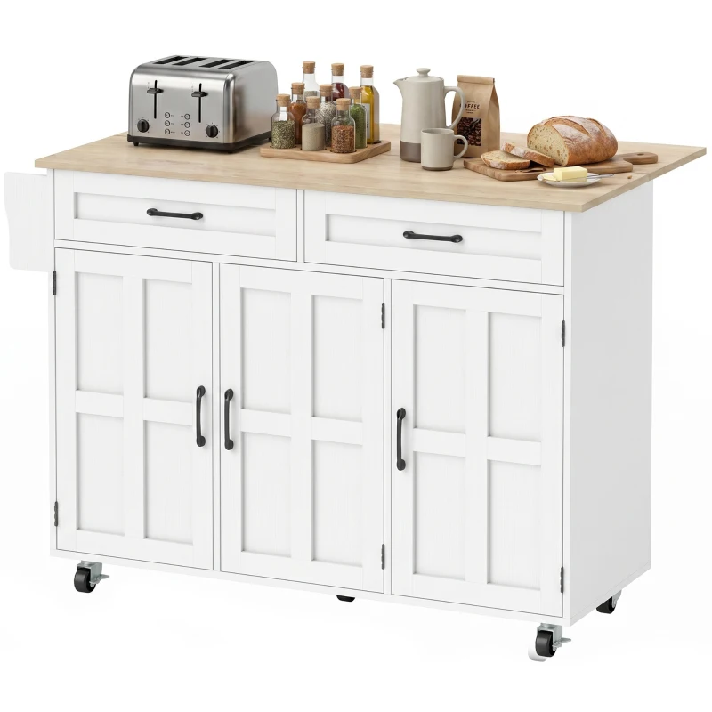 HOMCOM Îlot de cuisine avec plateau rabattable, chariot à roulettes 2 tiroirs, 3 portes, porte-racks et porte-serviettes, blanc