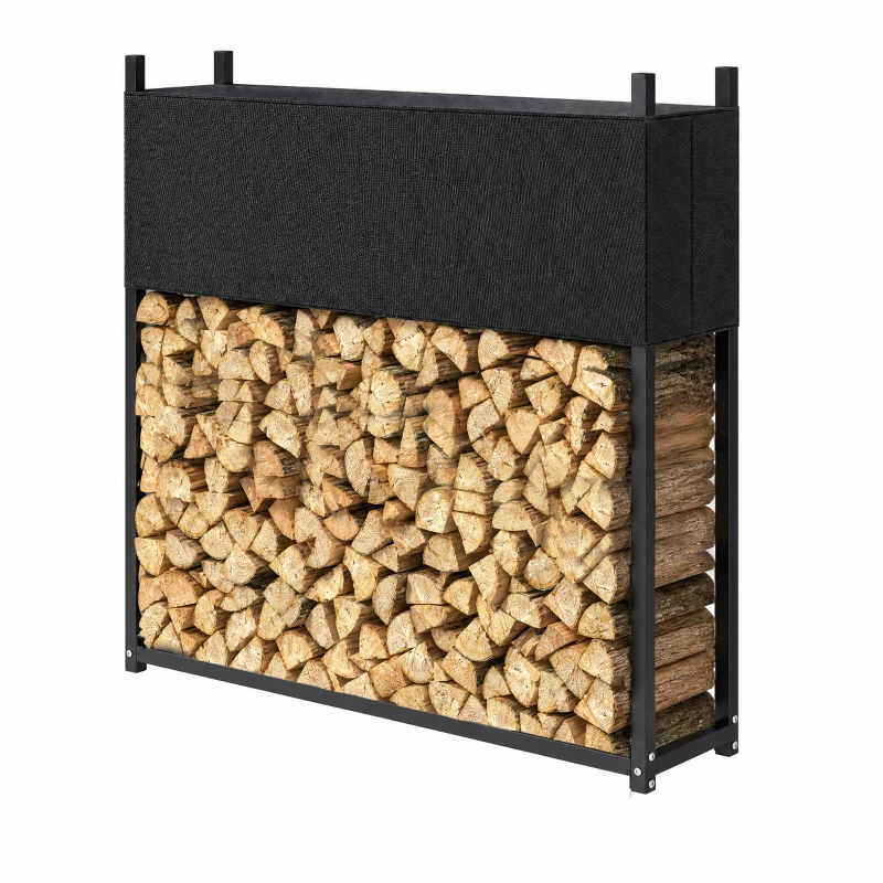 Outsunny Estante de Leña con Funda Oxford 600D Leñero de Acero Galvanizado Robusto Carga 250 kg para Interior y Exterior Negro