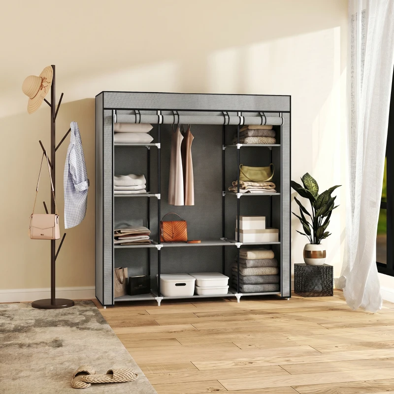 HOMCOM Armoire de rangement penderie en tissu pliable avec barre de suspension et étagères, 150 x 43 x 162,5 cm, gris clair