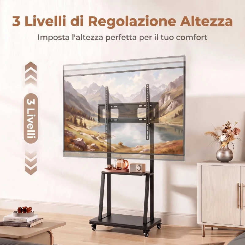 HOMCOM Carrello Porta TV 32-75 Pollici con Altezza Regolabile, Ruote e Ripiano, Nero