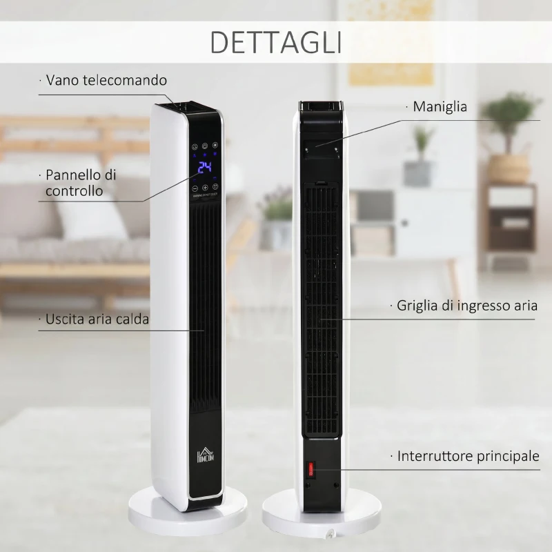 HOMCOM Riscaldatore Elettrica Ceramico 2200W con 3 Modalità, Timer 8 Ore, Telecomando, Pannello LED, Bianco