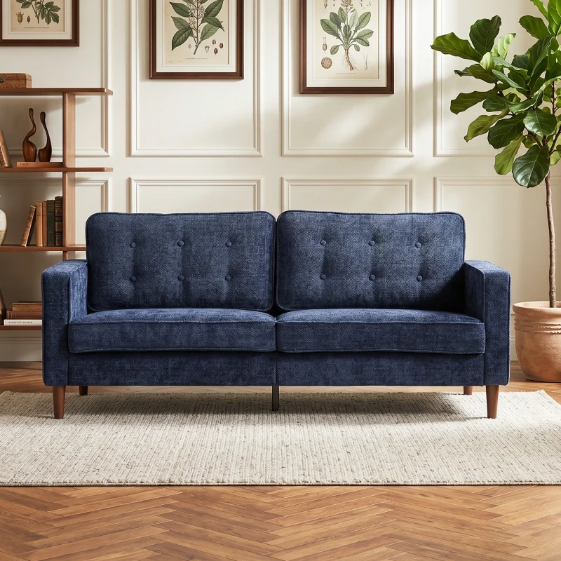 HOMCOM 3 Seater Sofa Button Tufted Upholstered Couch with Wood Legs for Living Room, Dark Blue