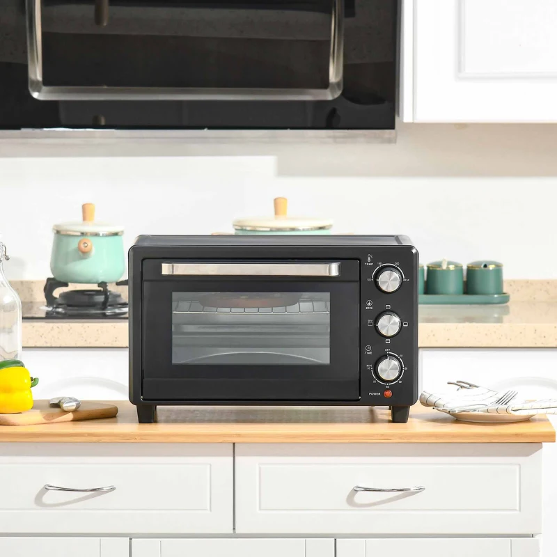 HOMCOM mini-oven 21 l met 1 rooster en 1 bakplaat 3 kookstanden instelbare temperatuur oven 1400W metaal RVS gehard glas zwart + zilver 46,4 x 38 x 28,5 cm(m-2)