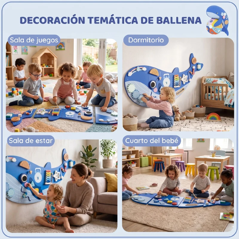 AIYAPLAY Tablero Sensorial Montessori Tema Ballena Busy Board Panel Sensorial Montessori 13 en 1 para Niños +2 Años Azul