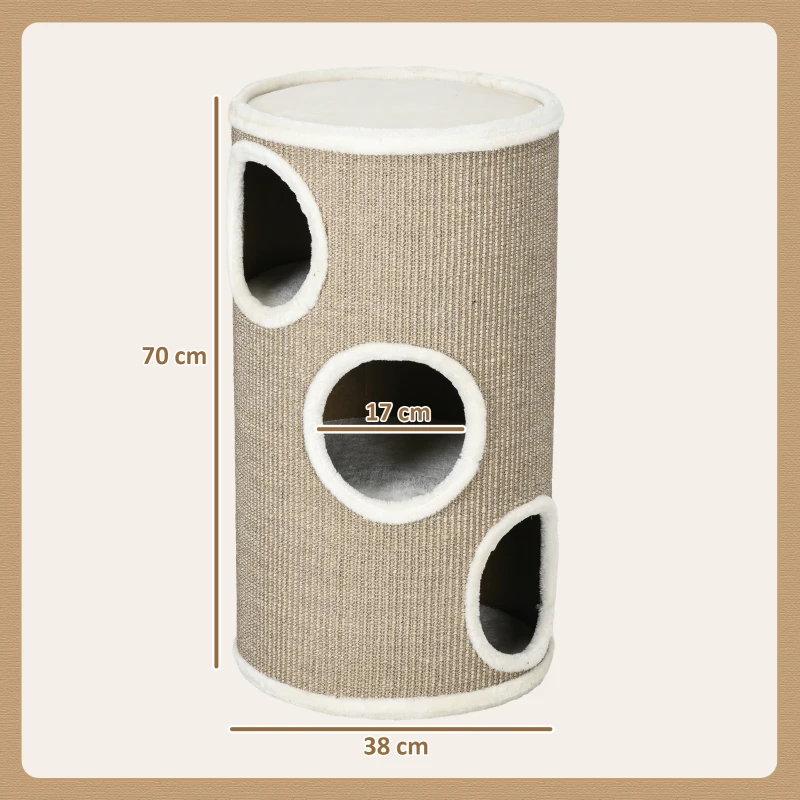 PawHut Tonneau à Gratter pour Chat, Tour à Griffer en Sisal à 3 Niveaux Recouvert de Peluche, Ø 38 x 70 cm, Marron