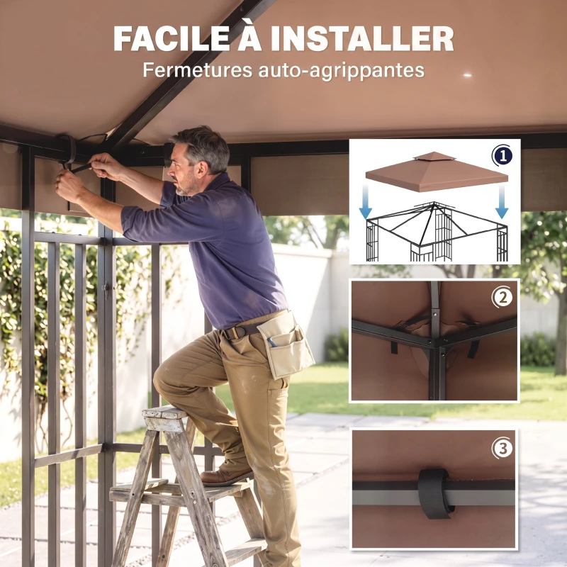 Outsunny Toit de Remplacement pour pavillon de Jardin Toile de Rechange pour pavillon tonnelle Tente 3 x 3 m Marron