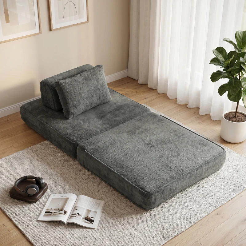 HOMCOM Canapé-lit pliant 2 en 1, chauffeuse 1 place, convertible en chenille, coussin épais, dossier et oreiller, gris