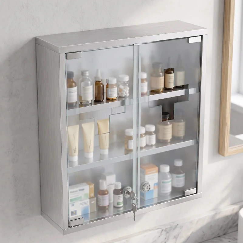 HOMCOM Medizinschrank, Abschließbarer Medikamentenschrank mit 2 Schlüsseln, Glastür und 6 Regalen, 48 x 46 x 12 cm, Silber