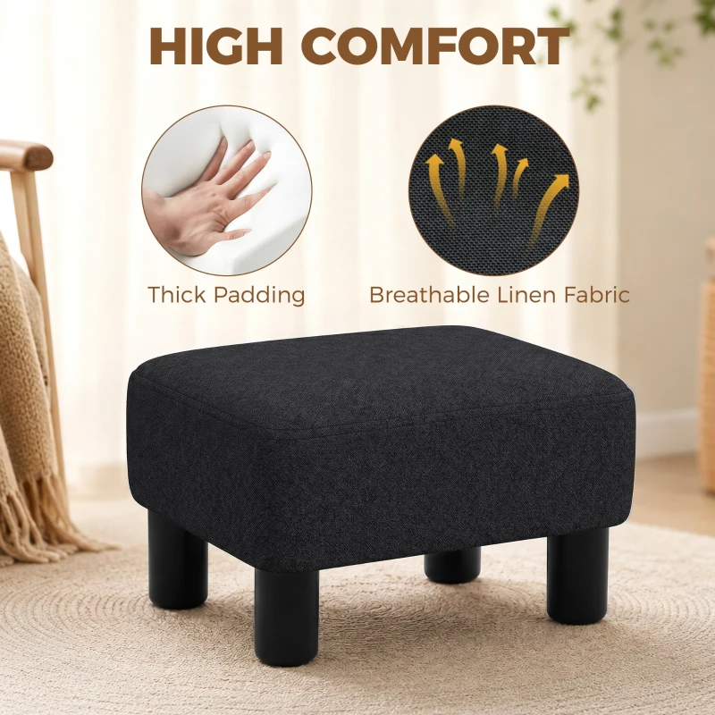 HOMCOM Linen Fabric Footstool Ottoman Cube with 4 Plastic Legs, Black