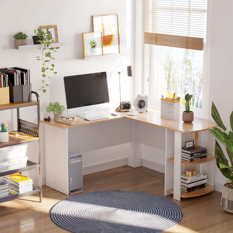 HOMCOM Mesa de Ordenador PC Escritorio con Estantes para Oficina Hogar Tipo Esquinera Forma L 136x130x72cm Madera