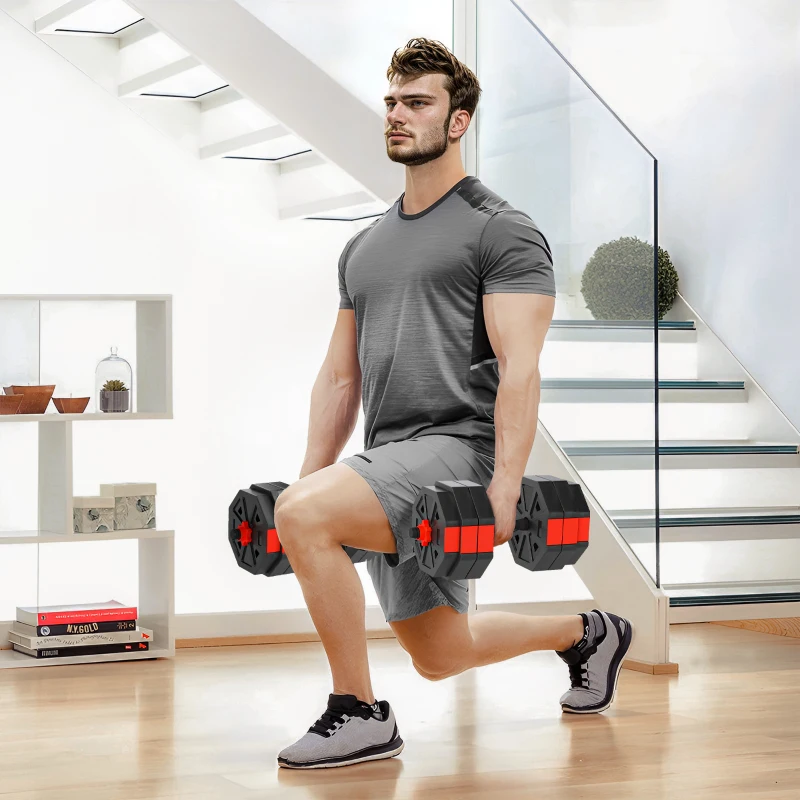 SPORTNOW 6-in-1 Adjustable Weight Dumbbells Set, Used as Kettlebell, Barbell, Dumbbell, Push-Up Stand, 30kg Free Weights Set for Men and Women Home Gym Training, Red