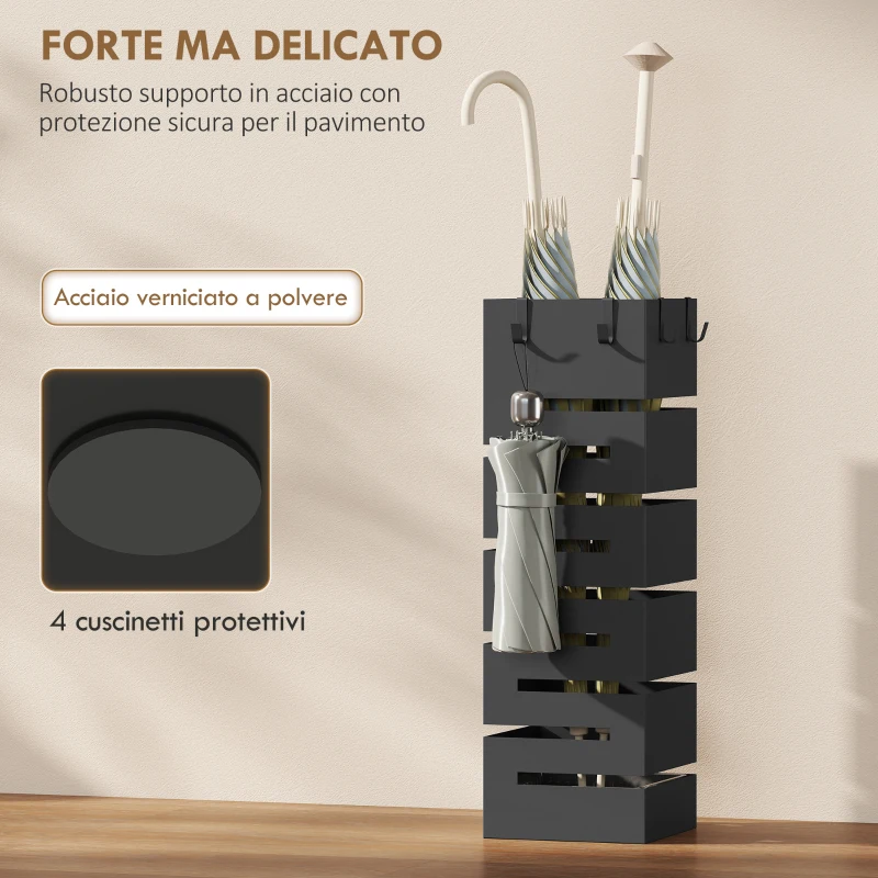 HOMCOM Portaombrelli in Metallo da Interno con 4 Ganci, Vaschetta Scolapioggia Rimovibile, per 8 Ombrelli, Nero