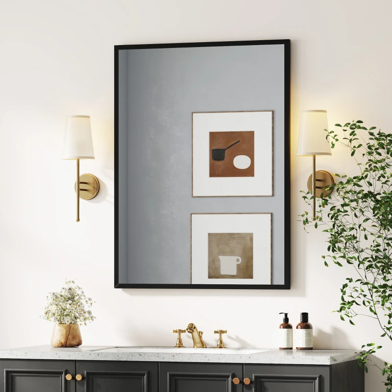 HOMCOM wandspiegel rechthoekig 76 x 101 cm, zwart houten frame, ideaal voor badkamer, woonkamer of slaapkamer