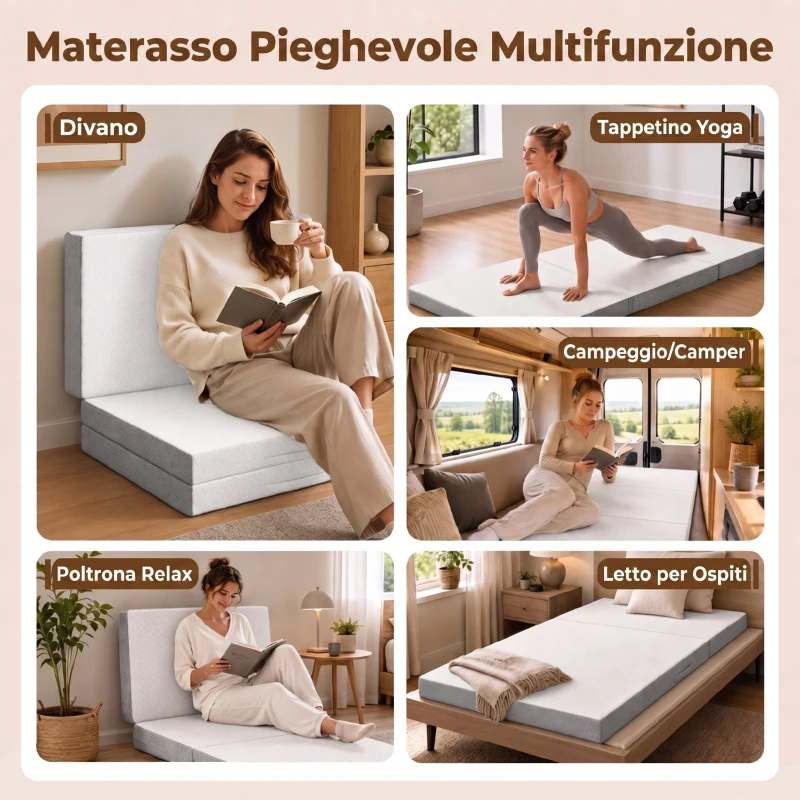 HOMCOM Materasso Pieghevole in Memory Foam 195x75 cm, Altezza 10 cm, Rivestimento Lavabile, Bianco