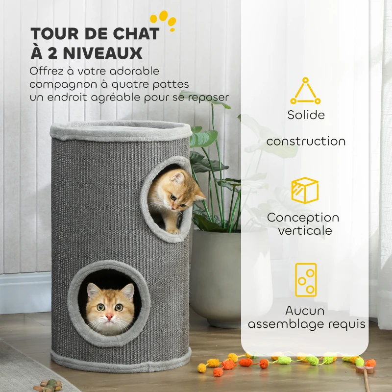 PawHut Tonneau à Gratter pour Chat, Tour à Griffer, Arbre à Chat à 2 Couches en Sisal Naturel, Ø35x60cm, Gris Clair