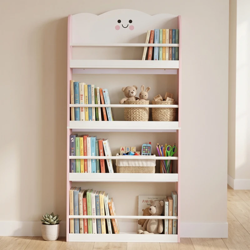 AIYAPLAY 4 Tier Kids Bookshelf, Children Bookcase with Anti-Tip Kit, Toddler Space-Saving Bookcase for Kids Room, Playroom, Pink